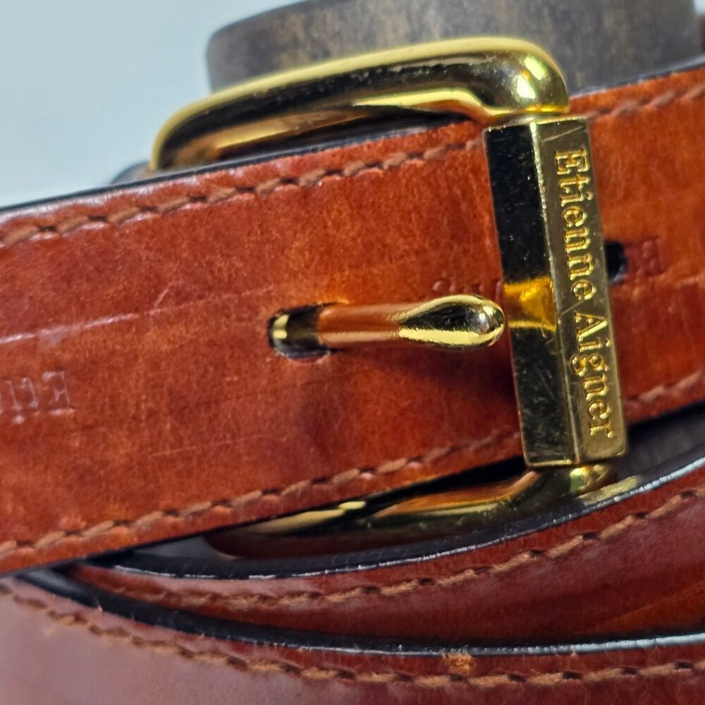 Vtg 90s Etienne Aigner Branded Cognac Brown Leather Belt with Gold Buckle, XL - Picture 4 of 9